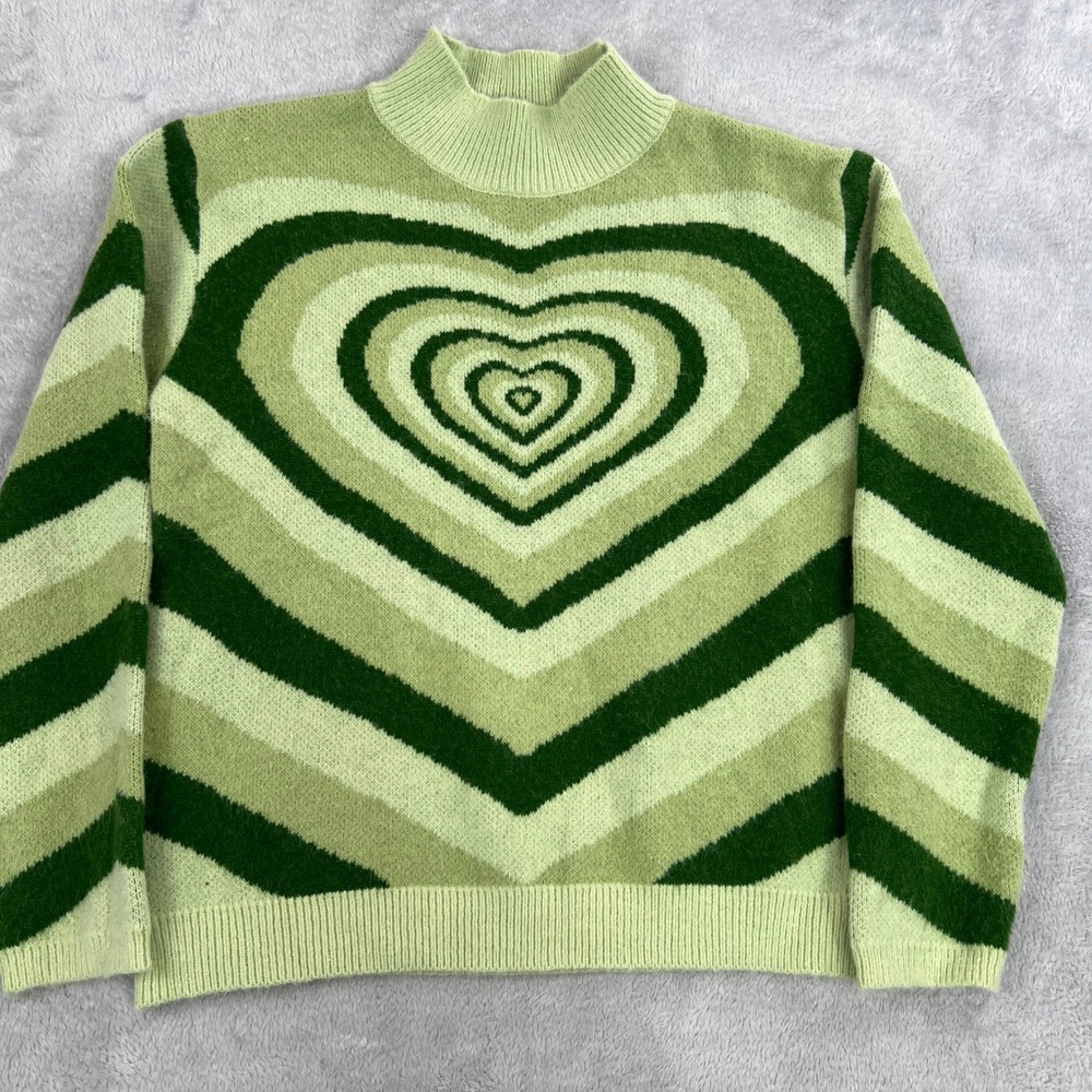 Angashion Concentric Heart Mock Neck Sweater L Green Y2K Retro Knit Pullover